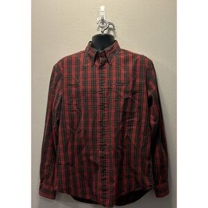 Tommy Hilfiger Men's Size Large Red Flannel Plaid Button Classic Fit Long Sleeve